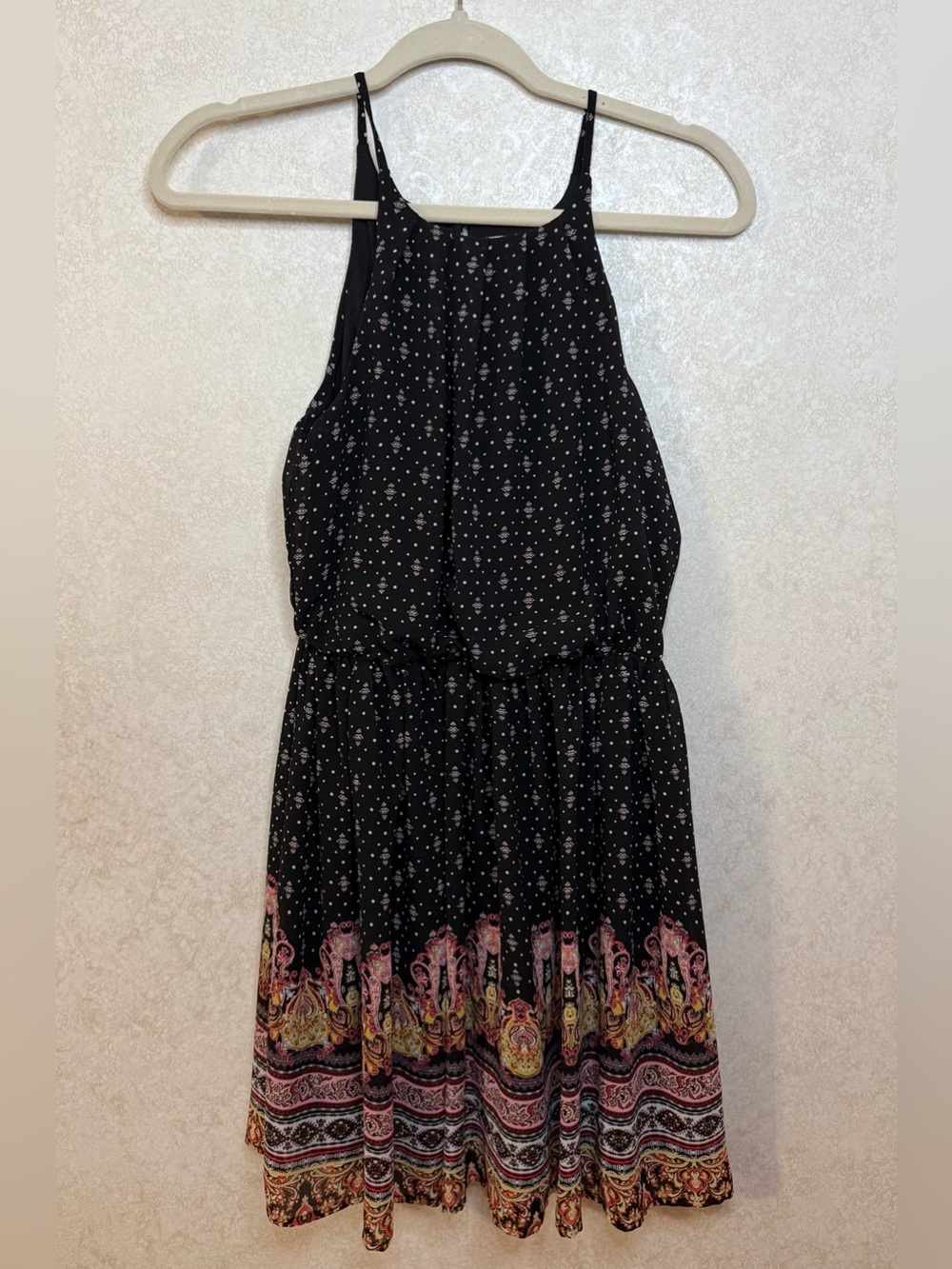Black Floral Border Halter Dress